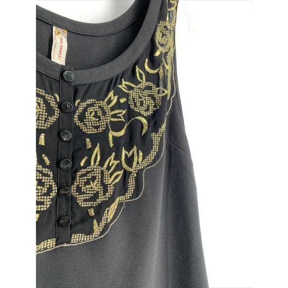 Free‎ People Black Gold Dress Sz 8 Tunic Sleeveless Tank Boho Midi Embroidered - Picture 4 of 8